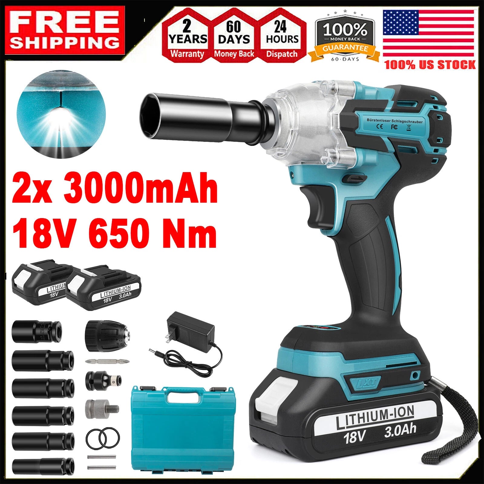 Cordless Impact Wrench 1/2 Brushless Drive Set Power Tool For Makita 18V Battery