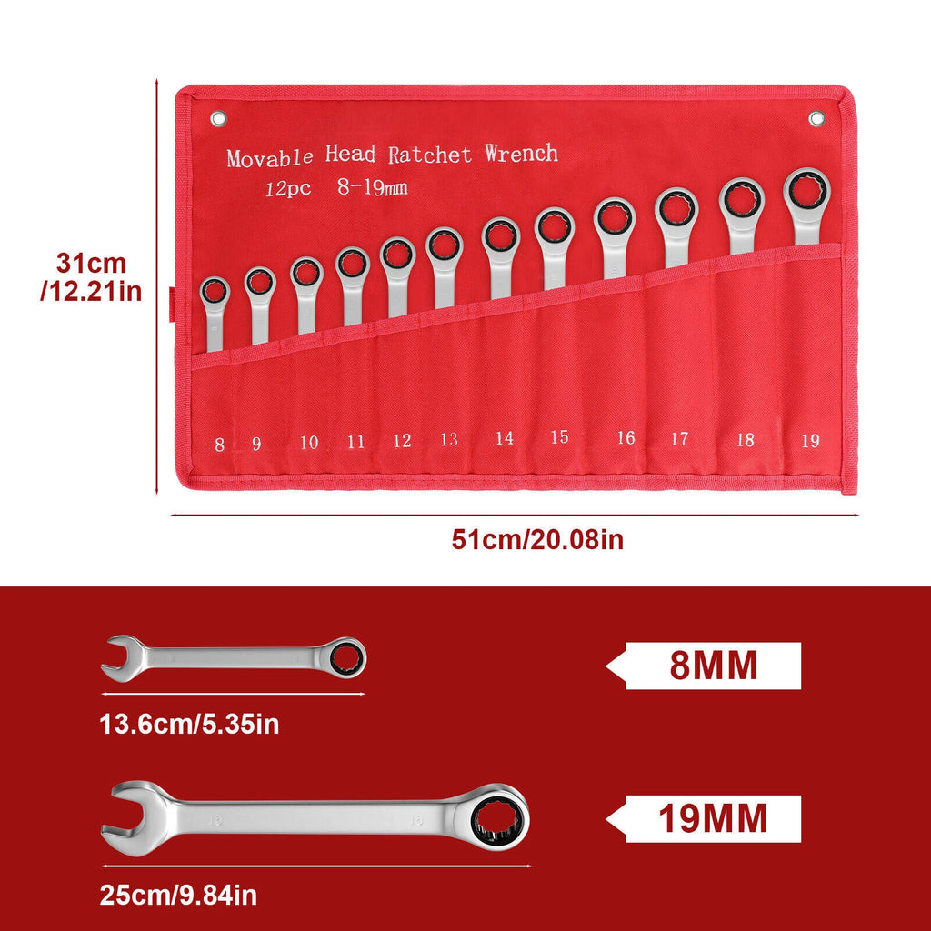 ?12pc 8-19mm Ratcheting Wrench Metric Fixed Head Combination Spanner Tool 2026