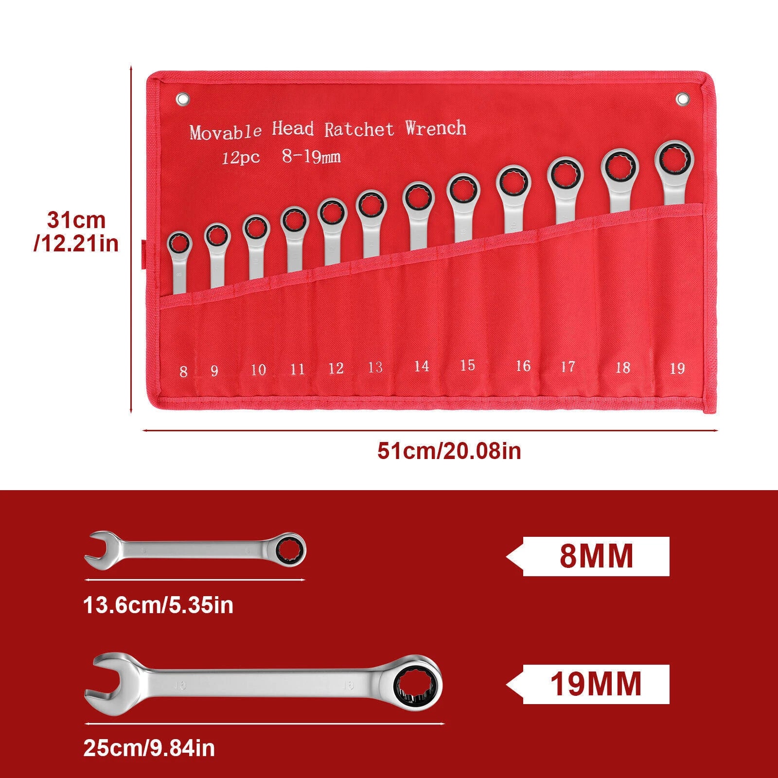 ?12pc 8-19mm Ratcheting Wrench Metric Fixed Head Combination Spanner Tool 2026