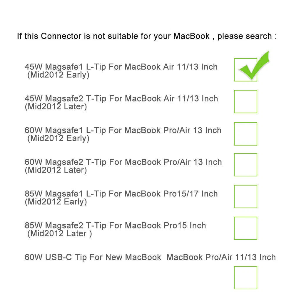 For Apple MACBOOK Air A1369 A1370 45W Power AC Adapter Charger A1244 A1374 L-Tip
