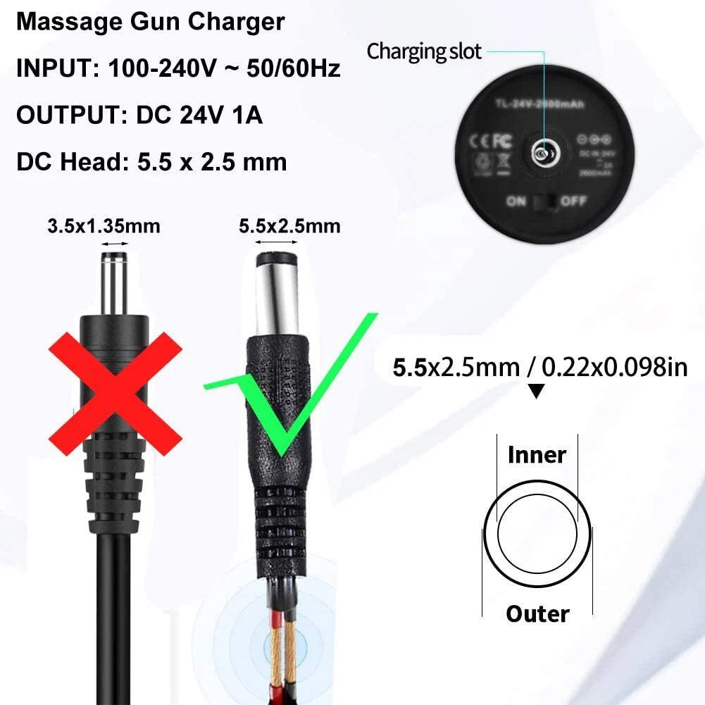 Massage Gun Charger AC/DC 24V-25.2V Adapter For 24V Muscle Deep Tissue Massage