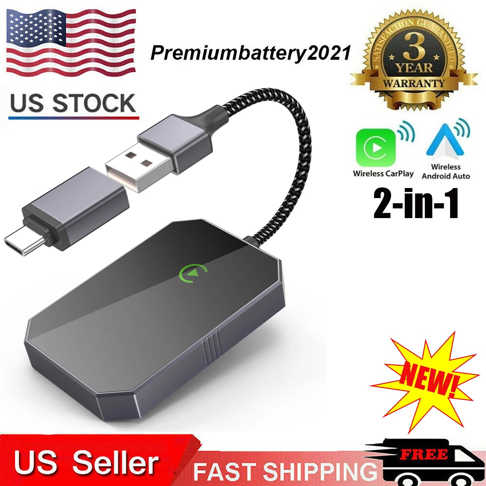 ?2in 1 Wireless CarPlay Adapter Android Auto Adapter USB Dongle Plug & Play FAST