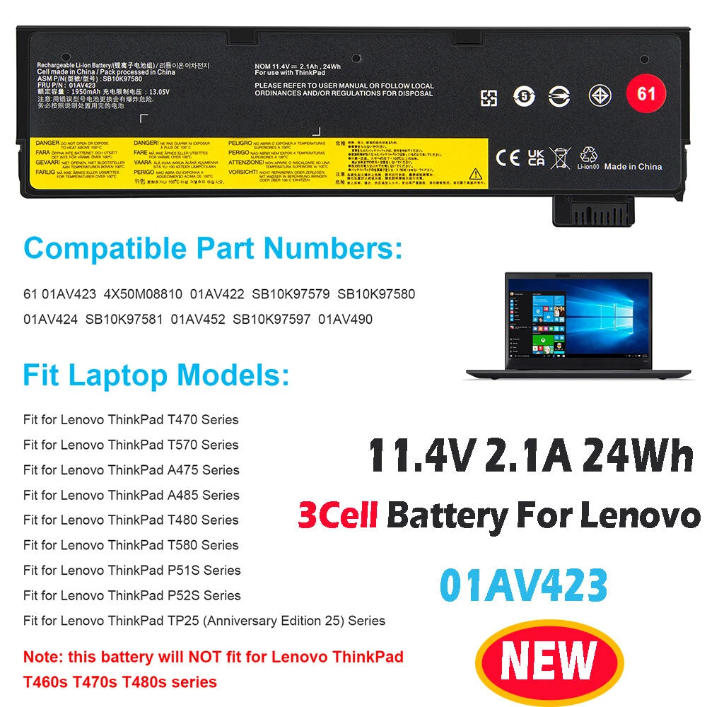 LOT 61 Battery 01AV427 01AV423 for Lenovo Thinkpad T470 T480 T570 T580 P51s P52s