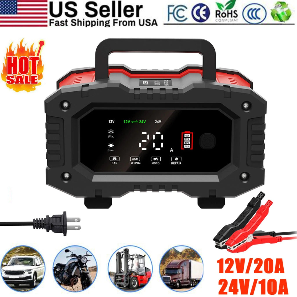 20-Amp Smart Battery Charger 12V/24V 20A/10A Lithium Lifepo4 Lead-Acid GEL AGM