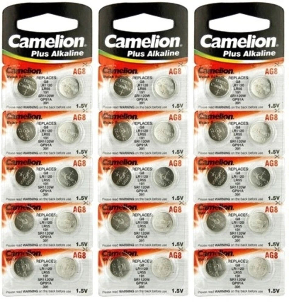 30 Pk Camelion AG8 LR1120 391 391A SR1120 LR55 Alkaline Button Cell Battery