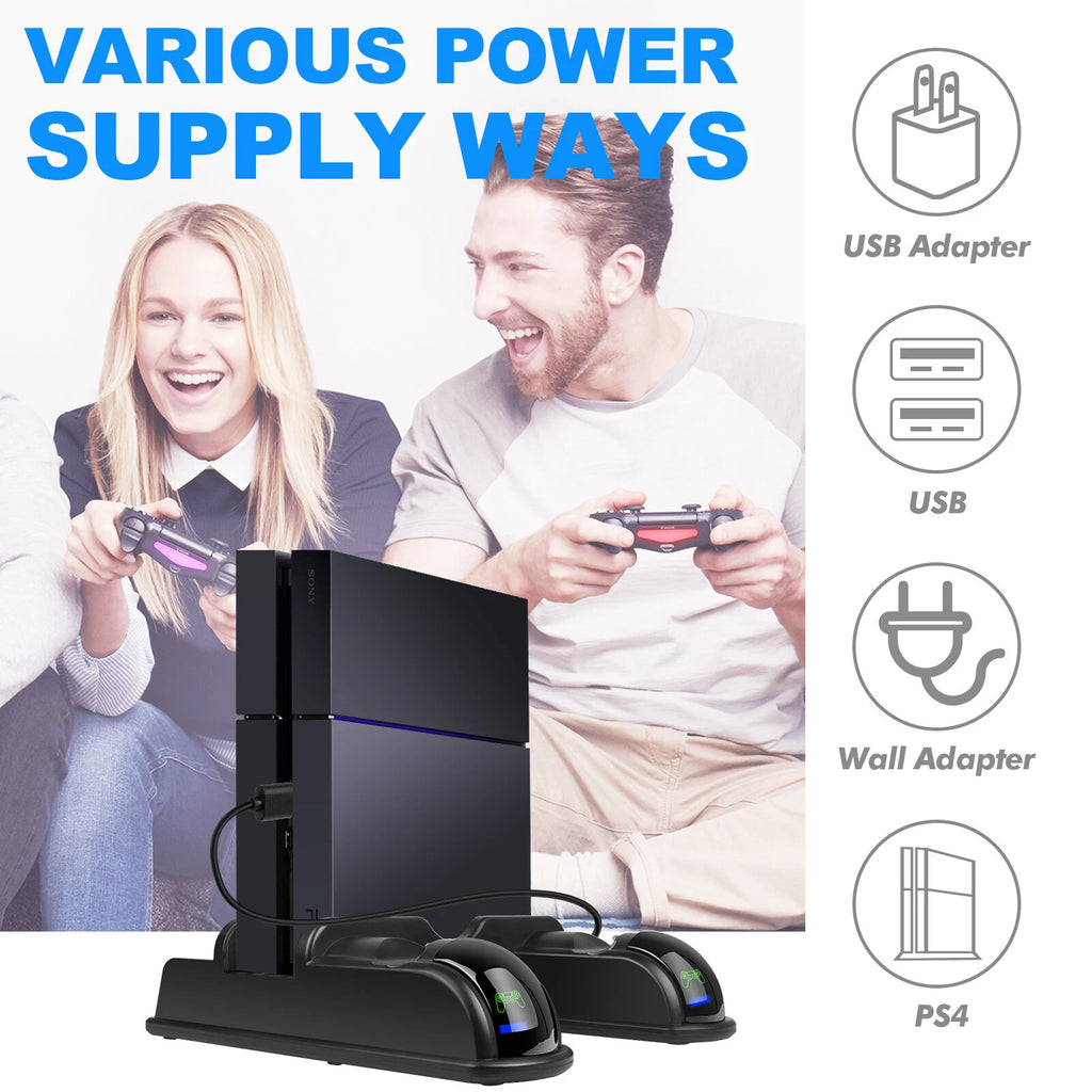 Stand Cooling Fan Controller Dual Charger Station Dock For PlayStation 4 PS4 US