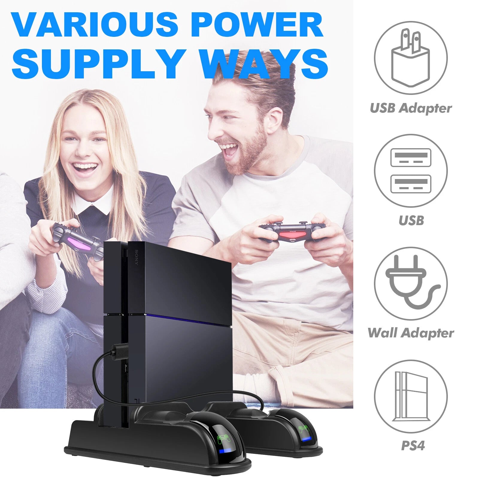 Stand Cooling Fan Controller Dual Charger Station Dock For PlayStation 4 PS4 US