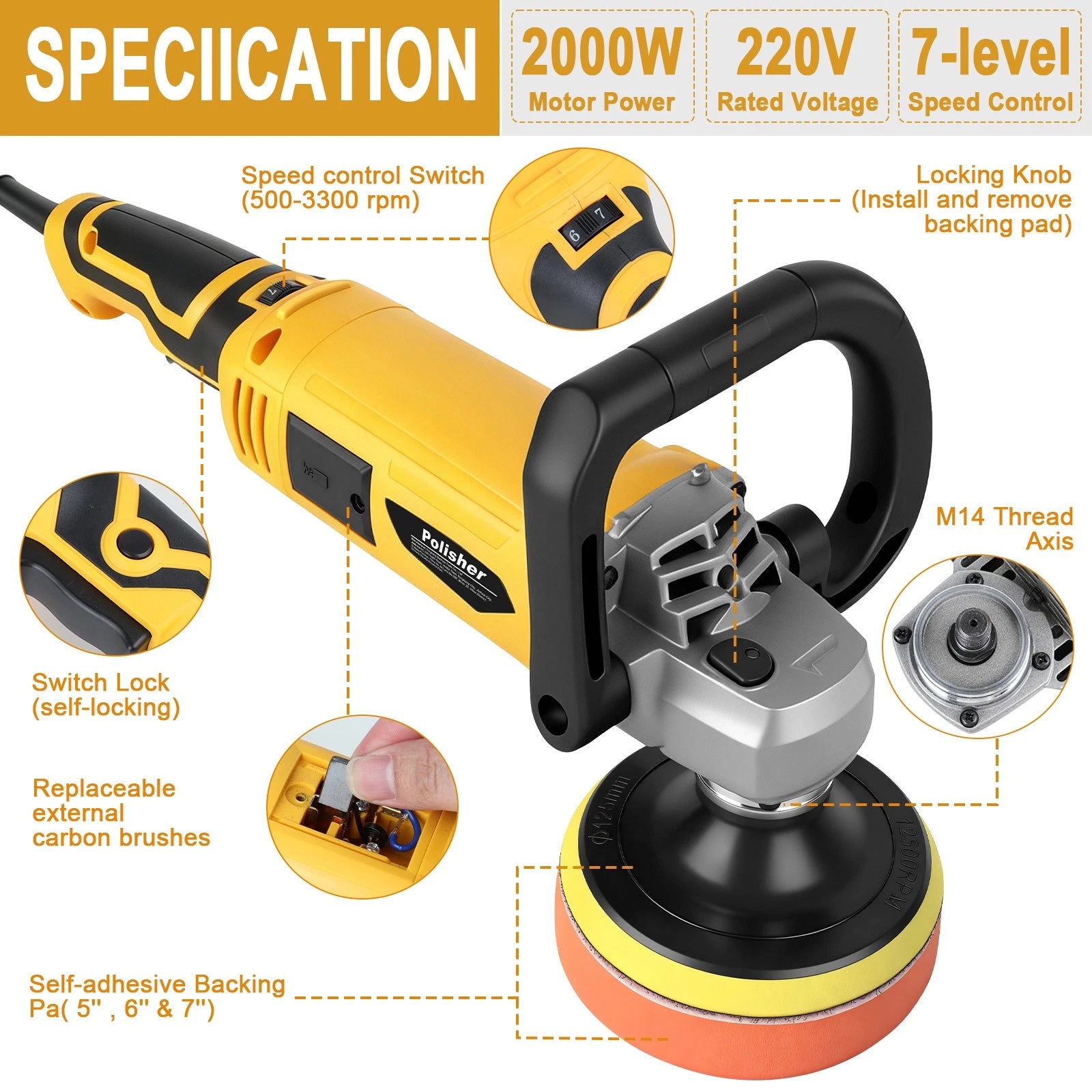 ?7 Speed Car Buffer Polisher Waxer Rotary 5"+ 6" Backing Plate Polishing Machine