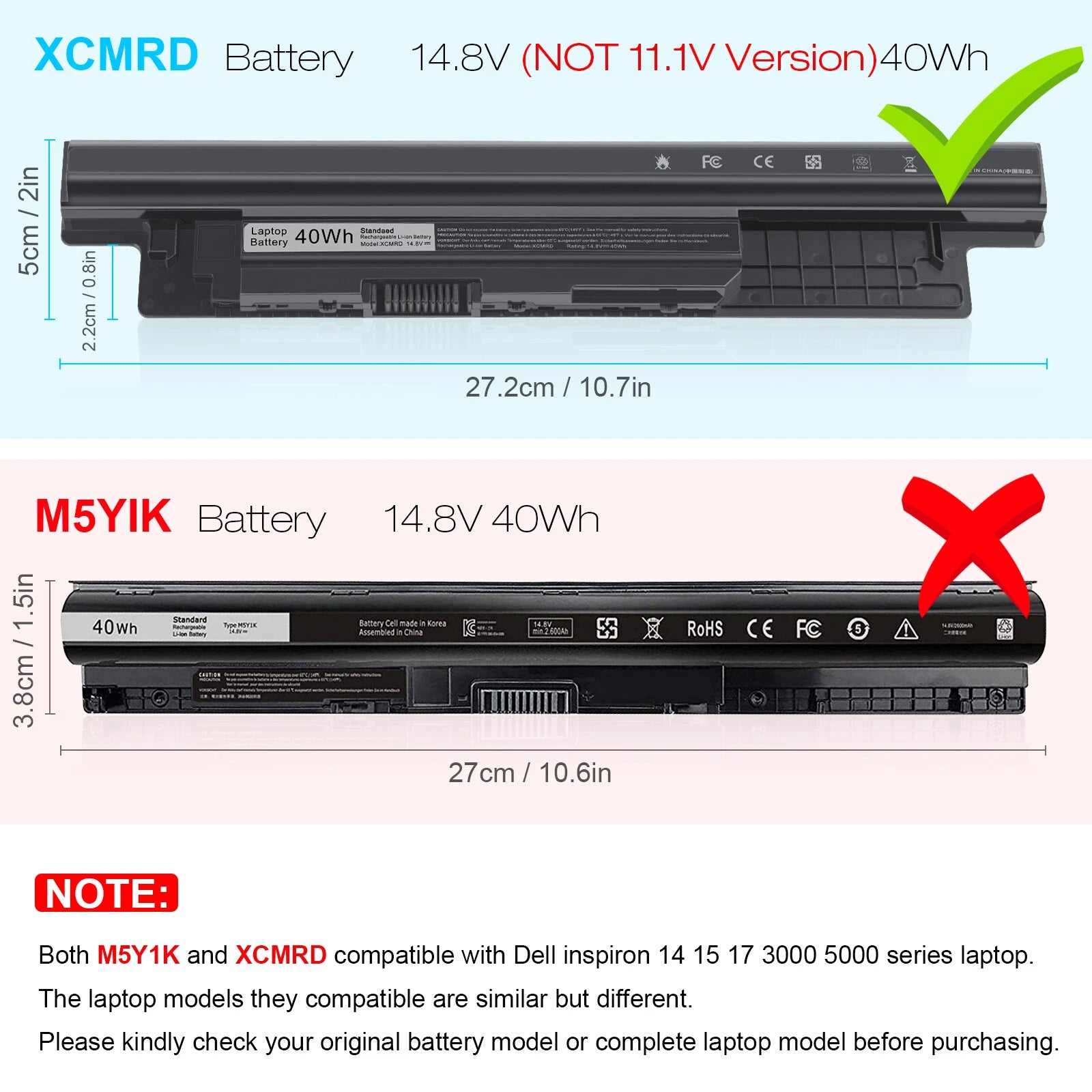 14.8V 40WH Battery For Dell Inspiron 15 3000 Series 15-3537 3542 3543 3541 XCMRD