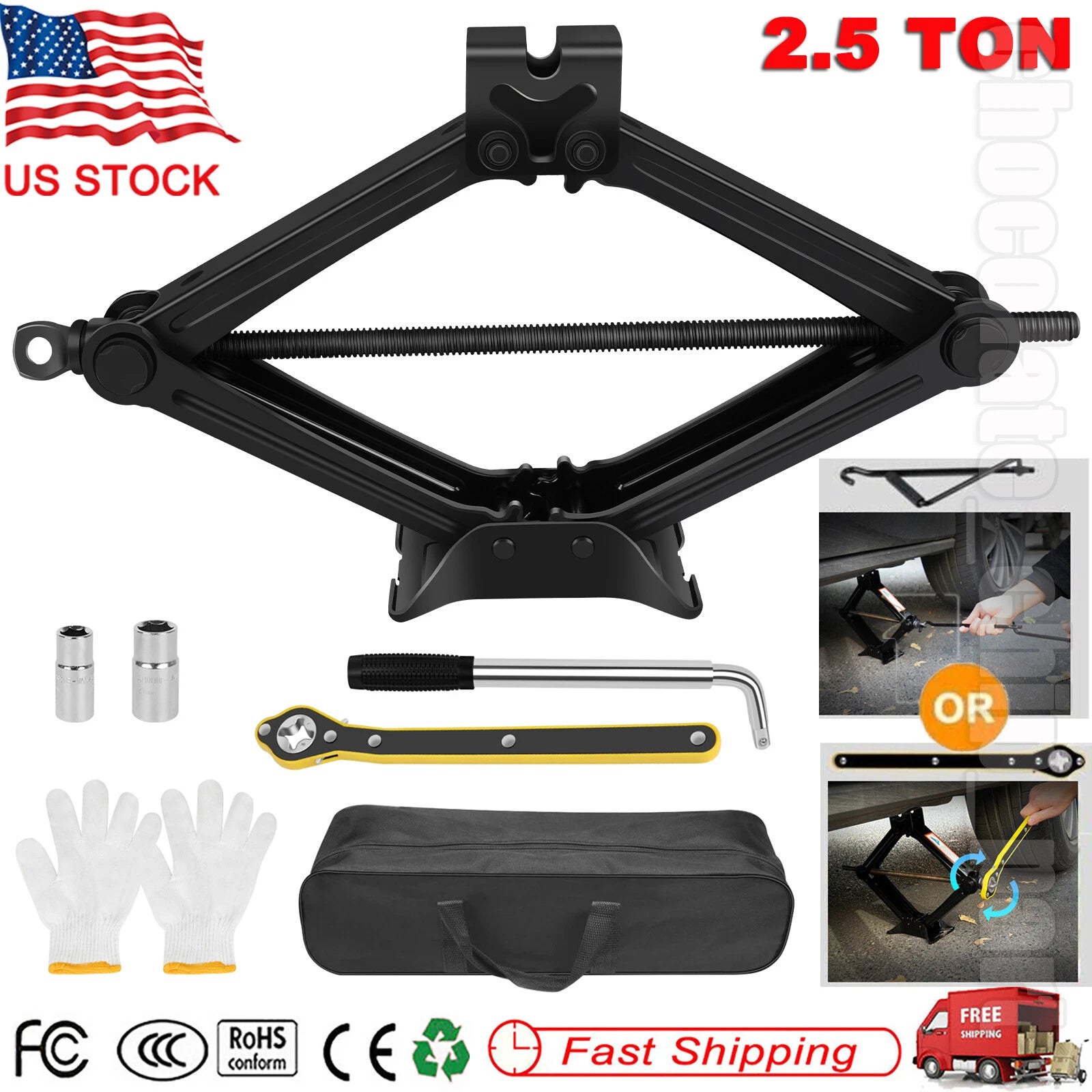 2.5Ton Scissor Jack Handle Crank or Wheel Lug Wrench Tool Kit Car Garage Tire
