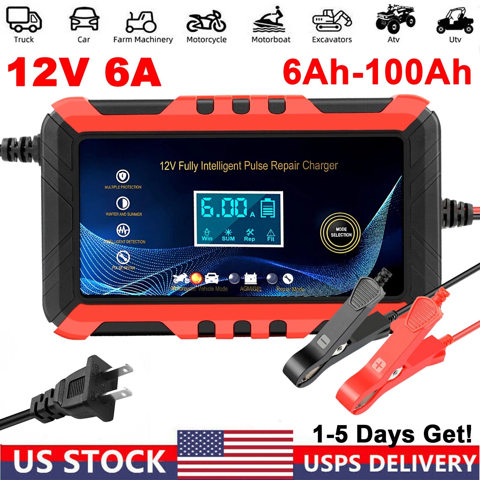 12V 6A Fully-Automatic Smart Car Battery Charger Maintainer Trickle Charger AGM