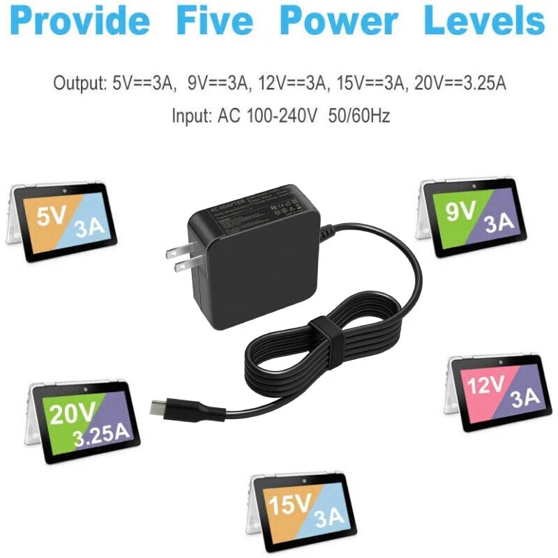 65W watt Type-C USB-C Laptop Adapter Charger For Dell HP Lenovo ASUS Acer Chrome