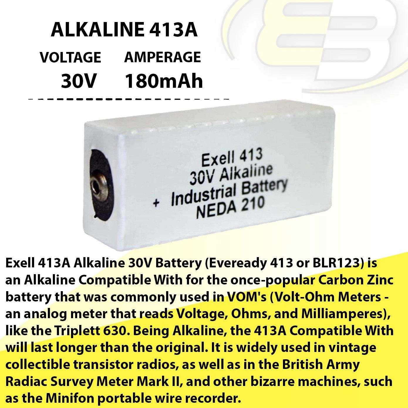 Exell 413A Alkaline 30V Battery NEDA 210 Compatible With 20F20, BLR123 ER413