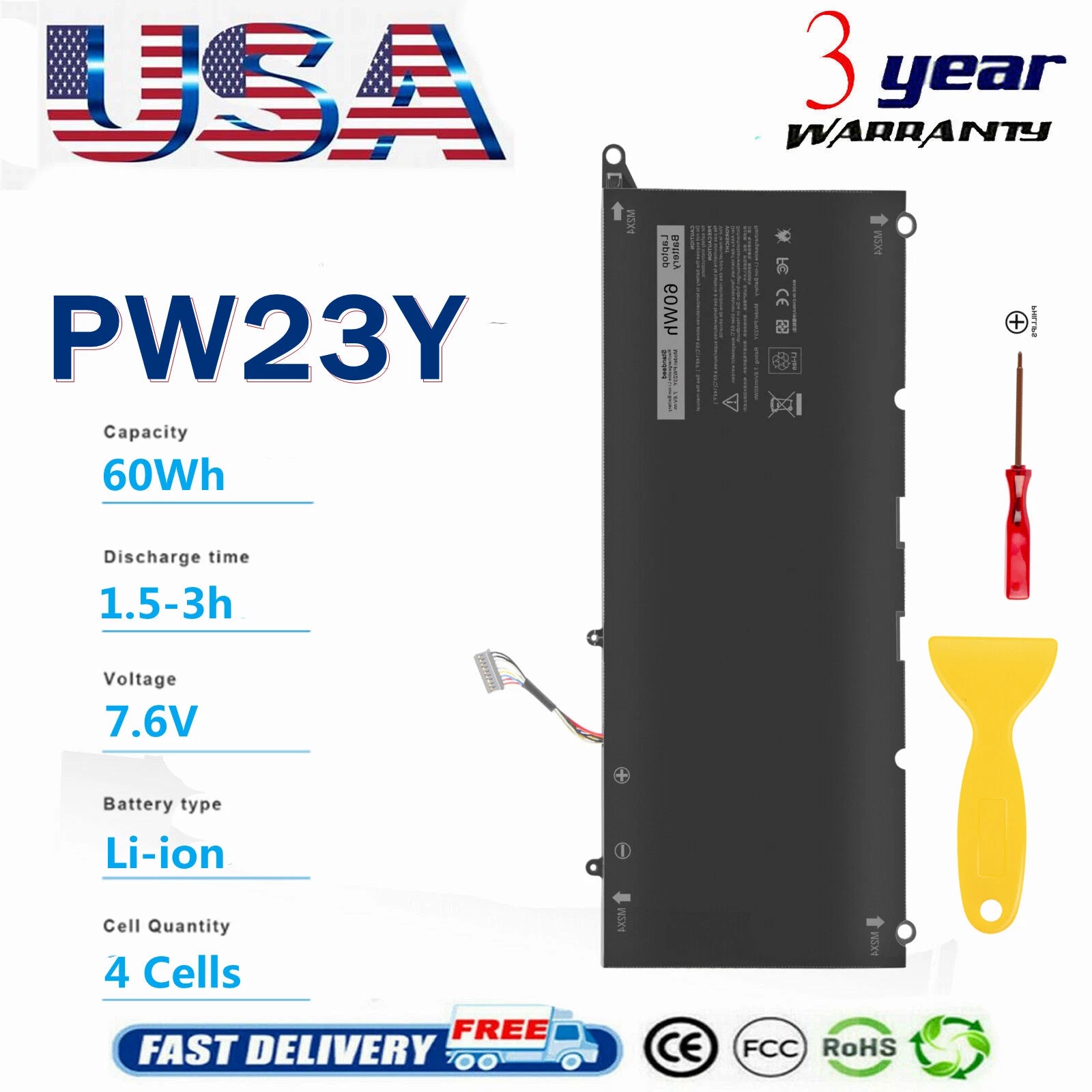 For Dell XPS 13 9360,XPS 13-9360-D1605G Series Battery PW23Y RNP72 P54G002 TP1GT