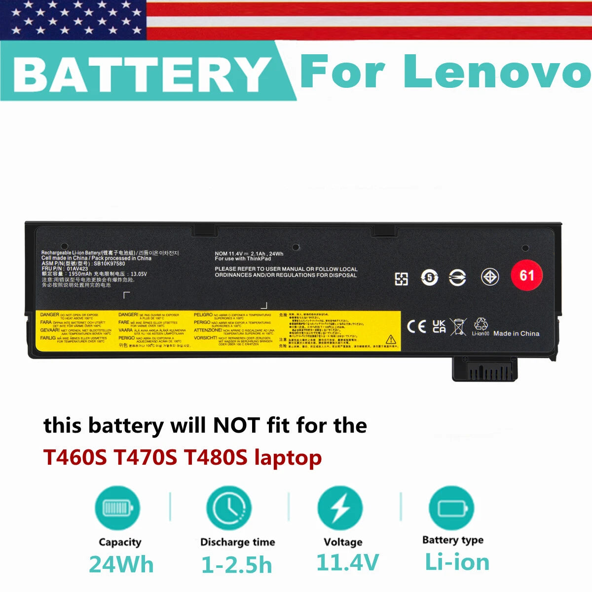 61 01AV425 01AV427 Battery for Lenovo ThinkPad T470 T570 T480 T580 01AV423 24Wh