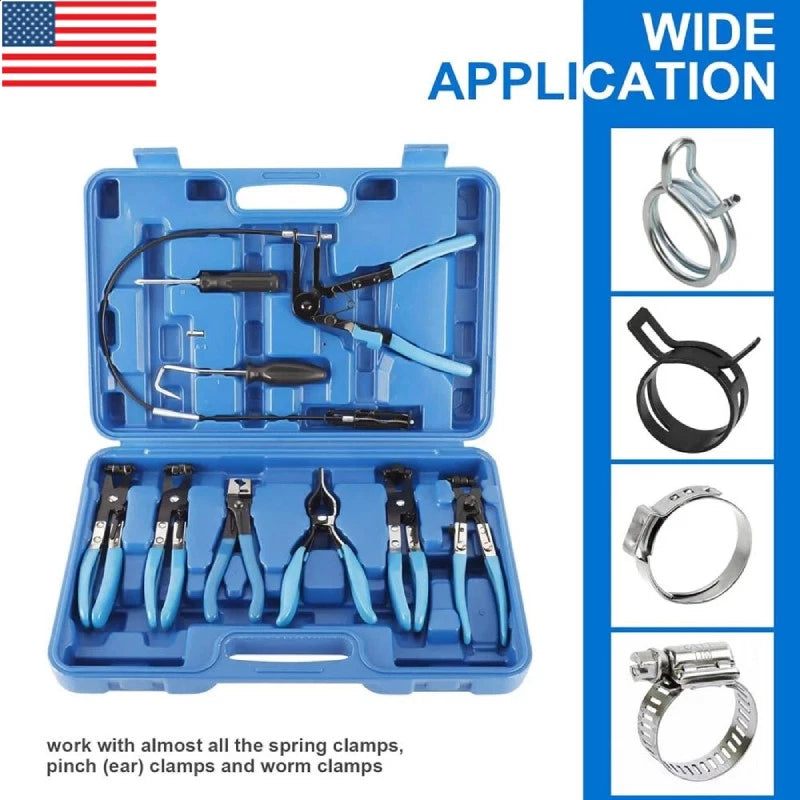 9x Flexible Hose Clamp Clip Pliers Set Swivel Jaw Flat Angled Band Remover Tool