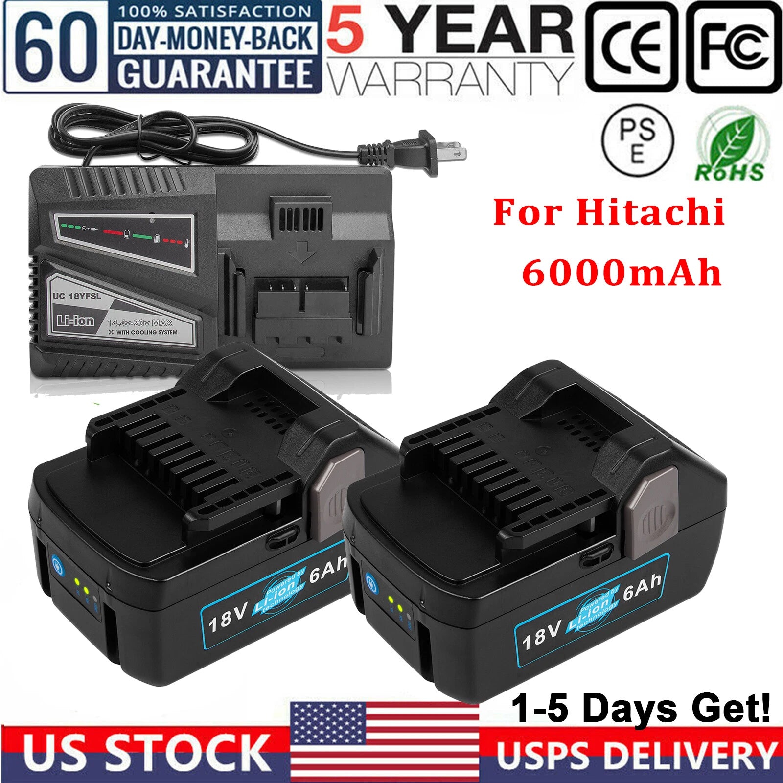 6.0AH 18V Li-ion Battery For Hitachi BSL1830 BSL1815 BSL 1815X 330067 US Charger
