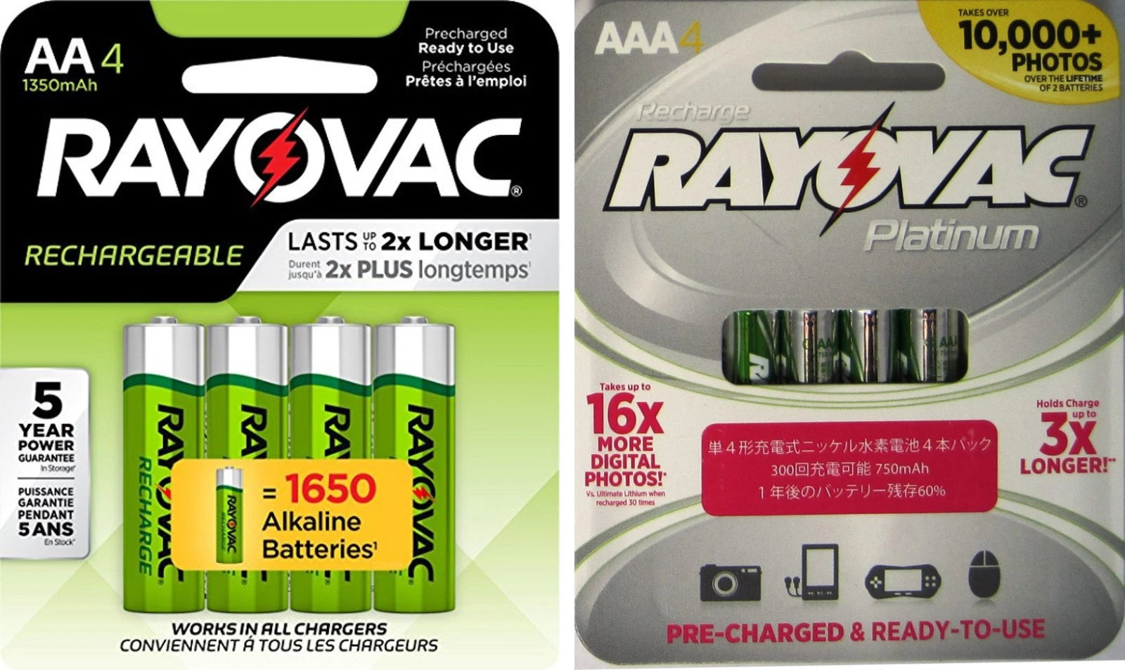 8 Rayovac Batteries 4 AA Recharge And 4 AAA Platinum Pre-Charged Batteries