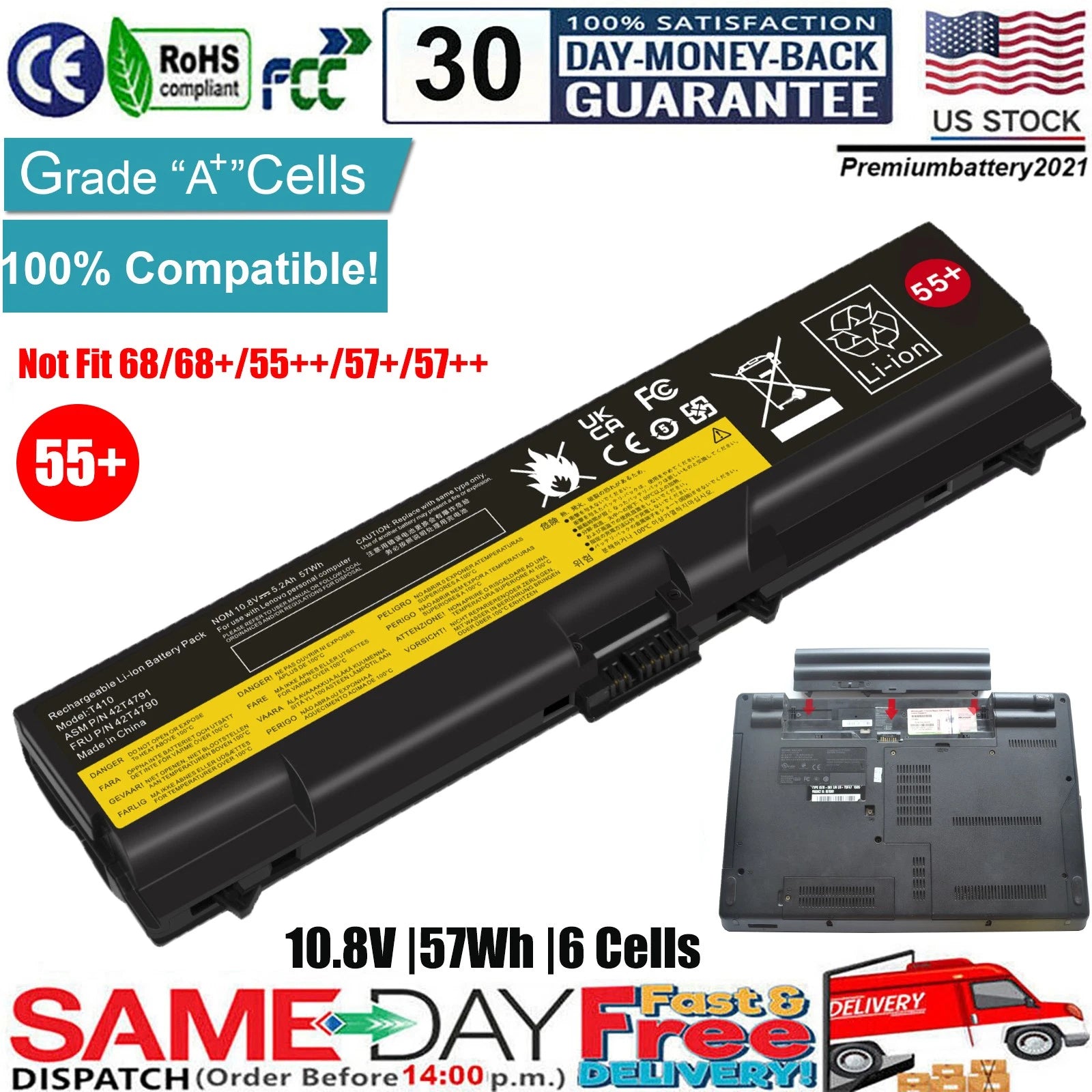 ?6 Cells Laptop Battery for Lenovo Thinkpad T410 T420 T510 T520 SL410 SL510 W510