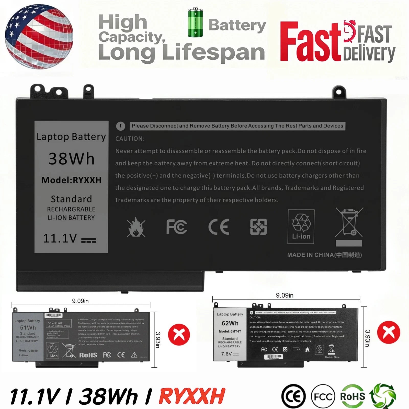 RYXXH Laptop Battery for DELL Latitude 12 E3100 E3150 E3550 E5450 E5550 E5250