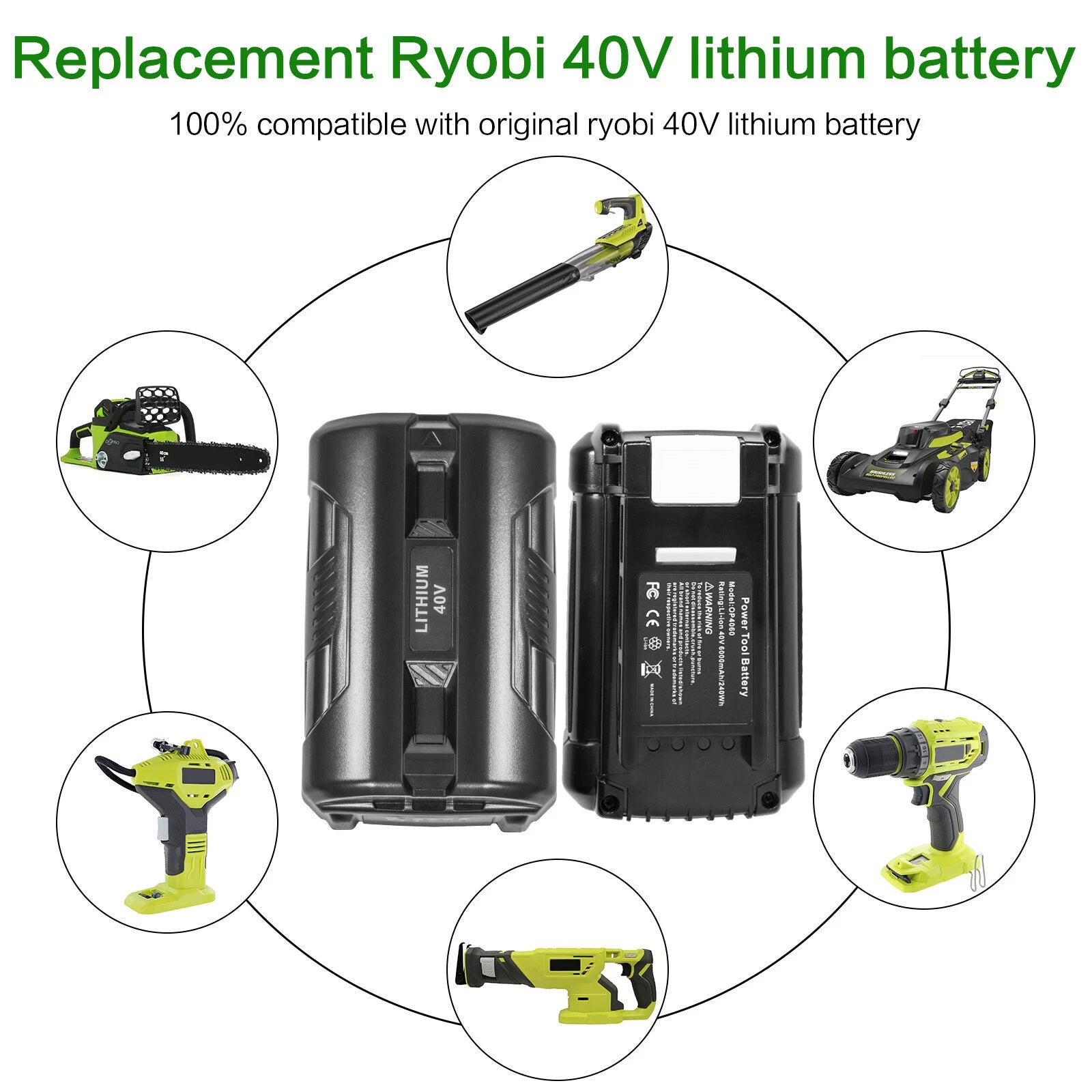 6.0AH Battery 40V For Ryobi 40Volt Li-Ion High Capacity OP4050 OP40602 OP4015