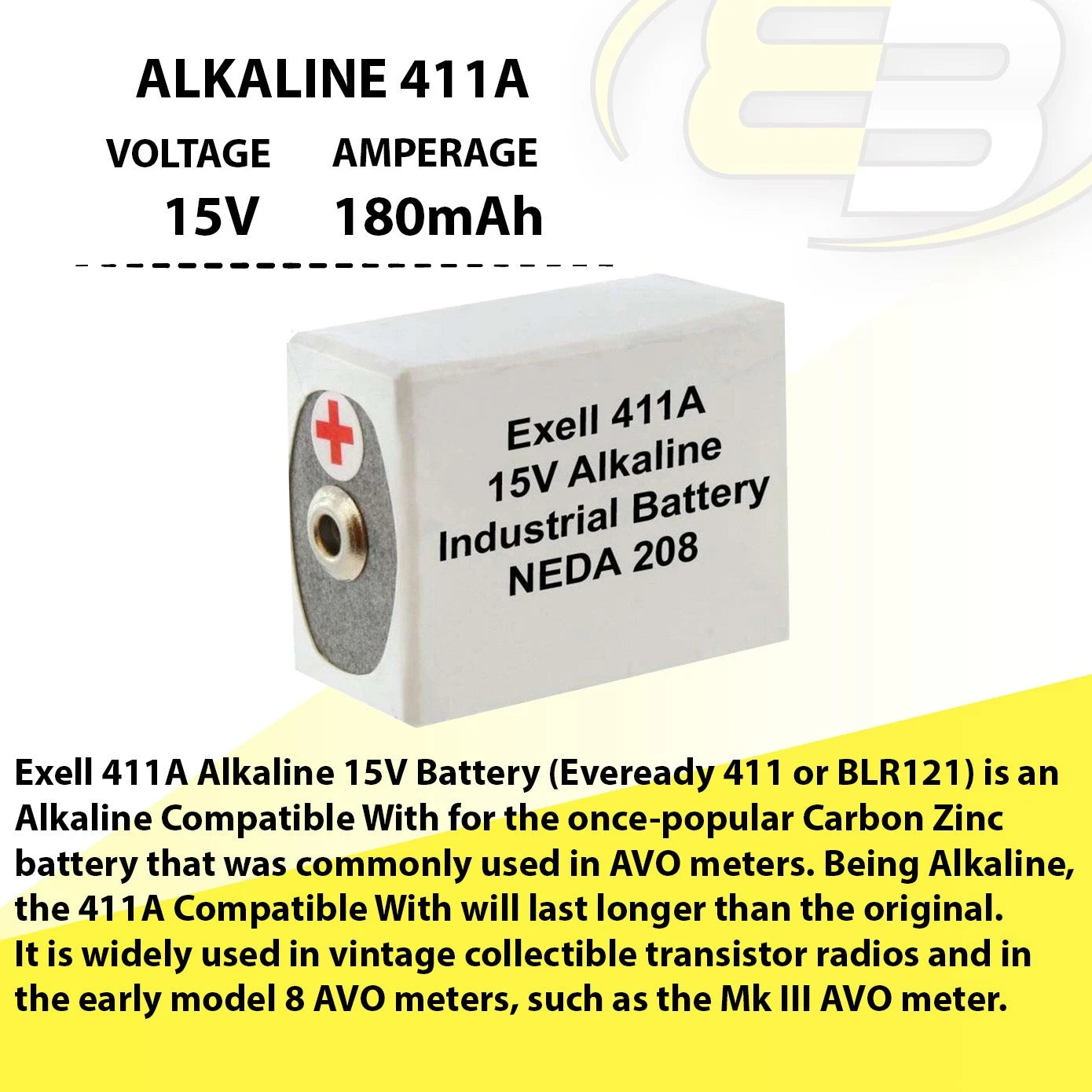 Exell 411A Alkaline 15V Battery NEDA 208 Compatible With 10F20, BLR121, M121