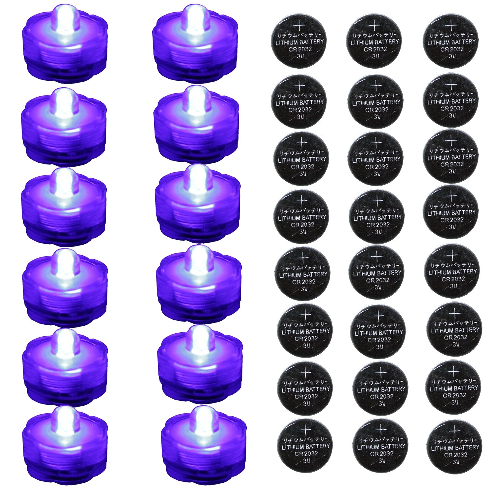 12 PURPLE Submersible Tea Lights & 25 CR2032 Replacement Battery BUNDLE Pack
