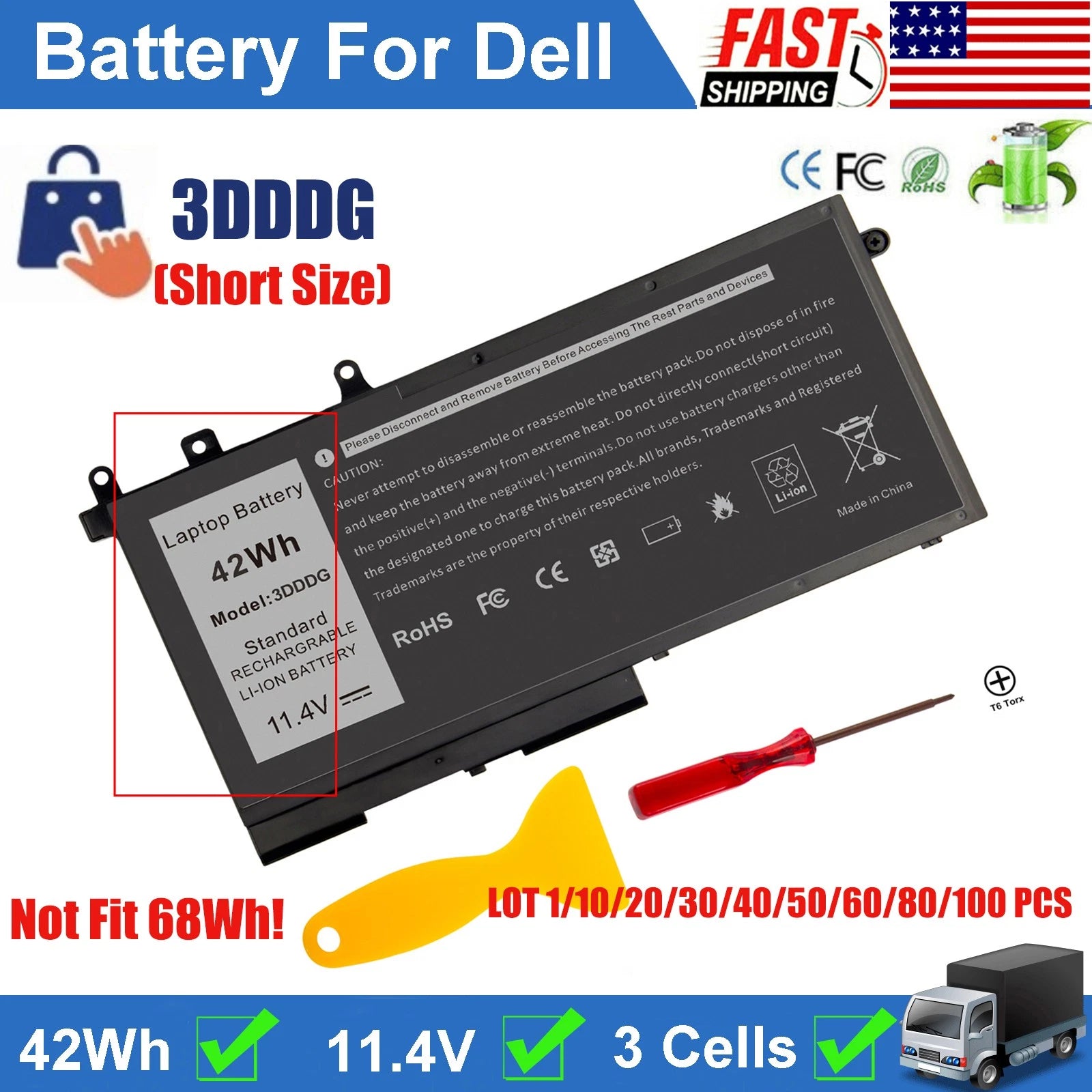 ?LOT 1-100 3DDDG Laptop Battery for Dell Latitude E5280 5290 5480 5580 5590 5591