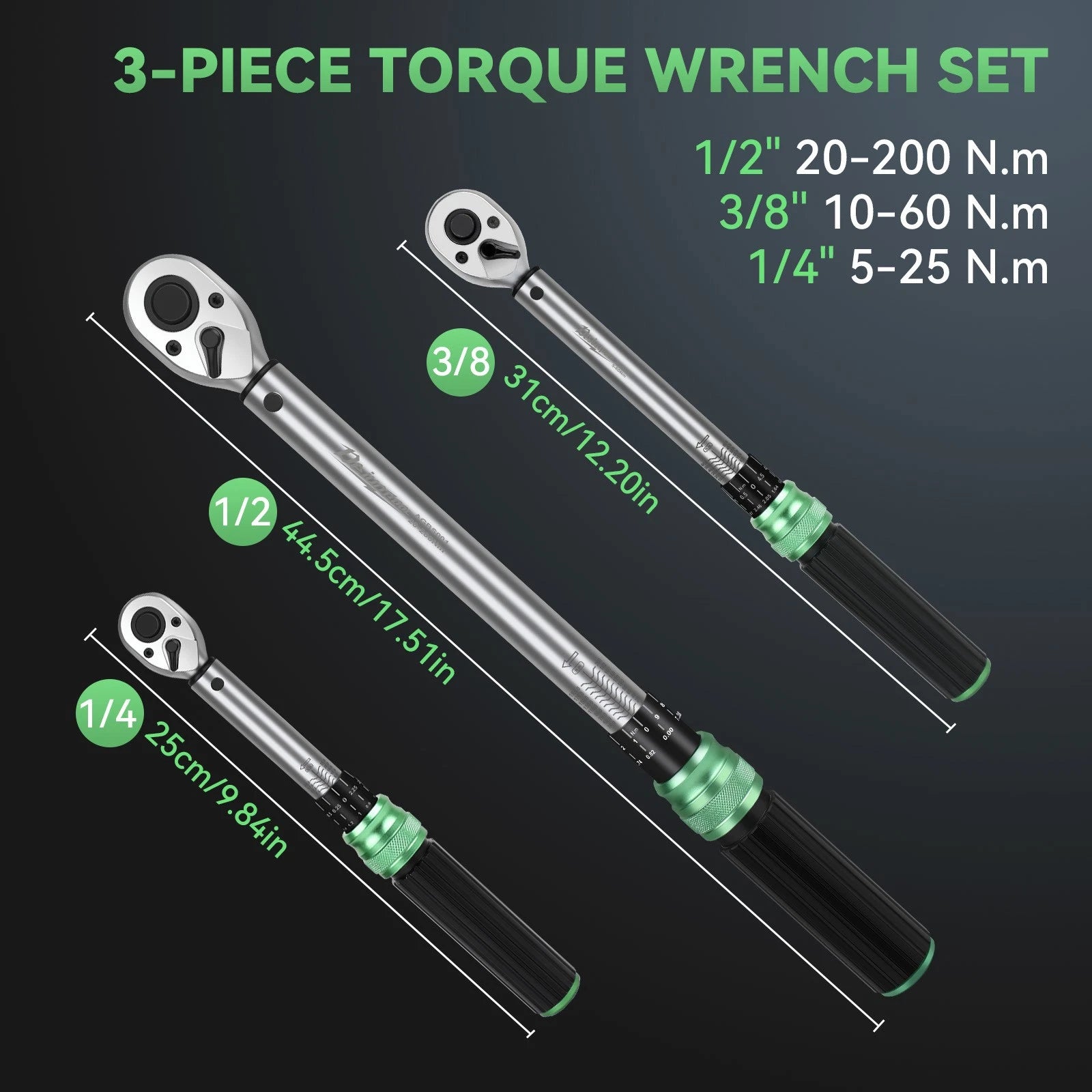 1/4 3/8 1/2 inch Drive Click Torque Wrench 3Pcs Torque Wrench Set Dual-Direction