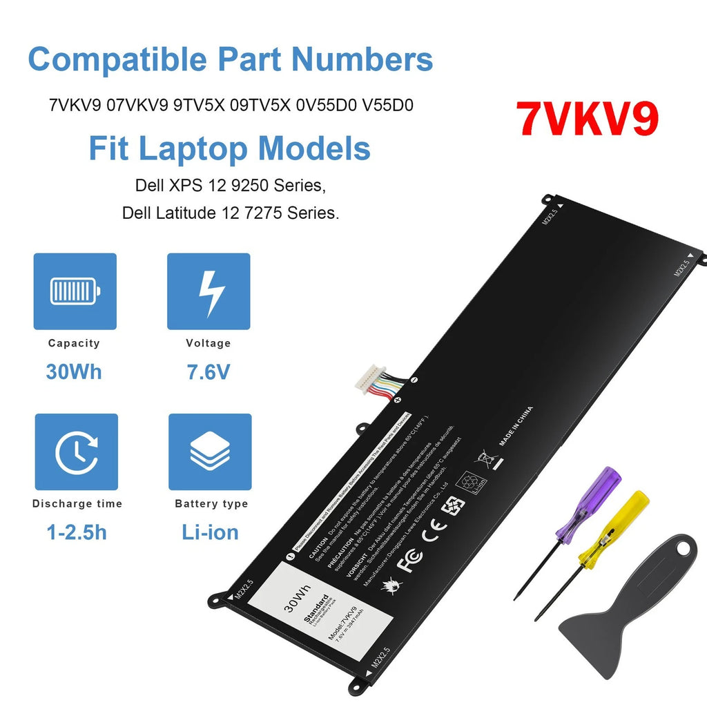 Replace 7VKV9 Battery 9TV5X For Dell XPS 12 9250 Latitude 12 7275 Serie 7.6V 30W