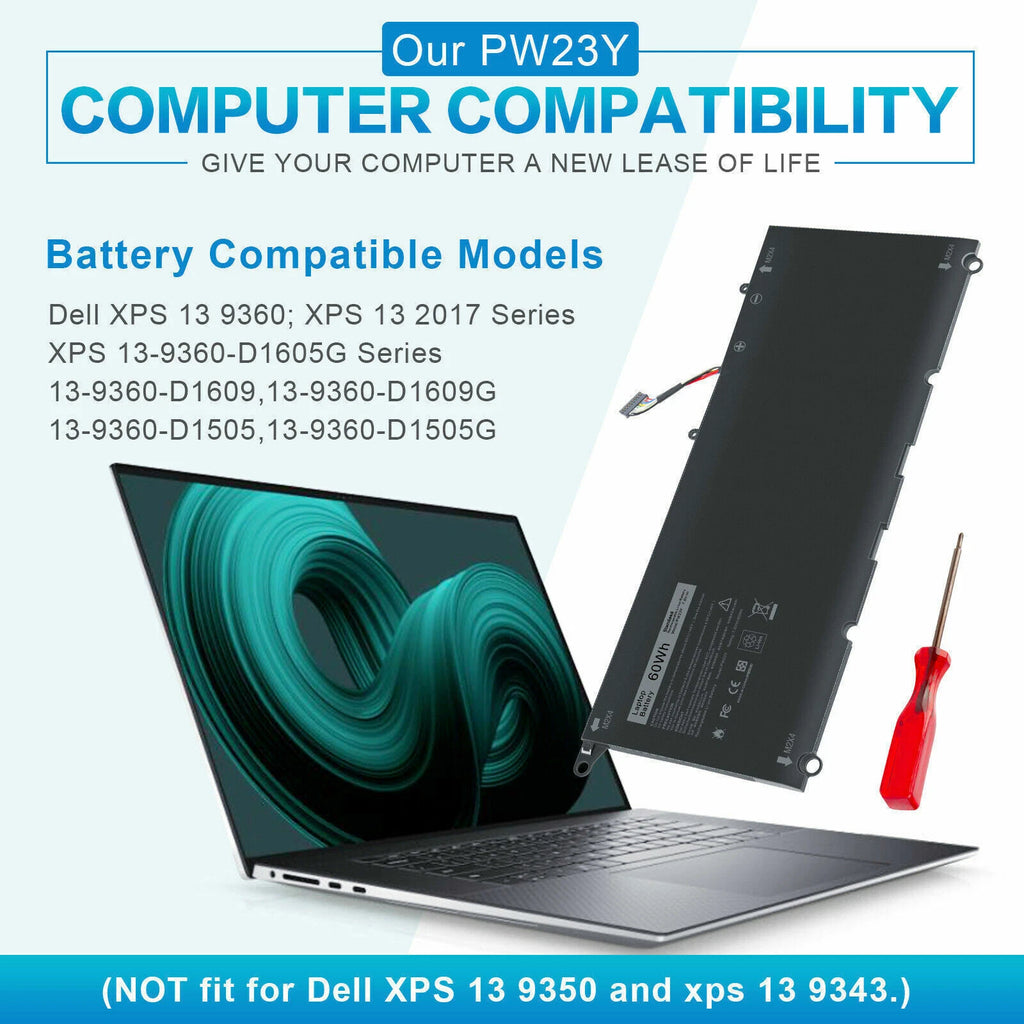 PW23Y Battery for Dell XPS 13 9360 XPS 2017 Series TP1GT 0TP1GT RNP72 60Wh