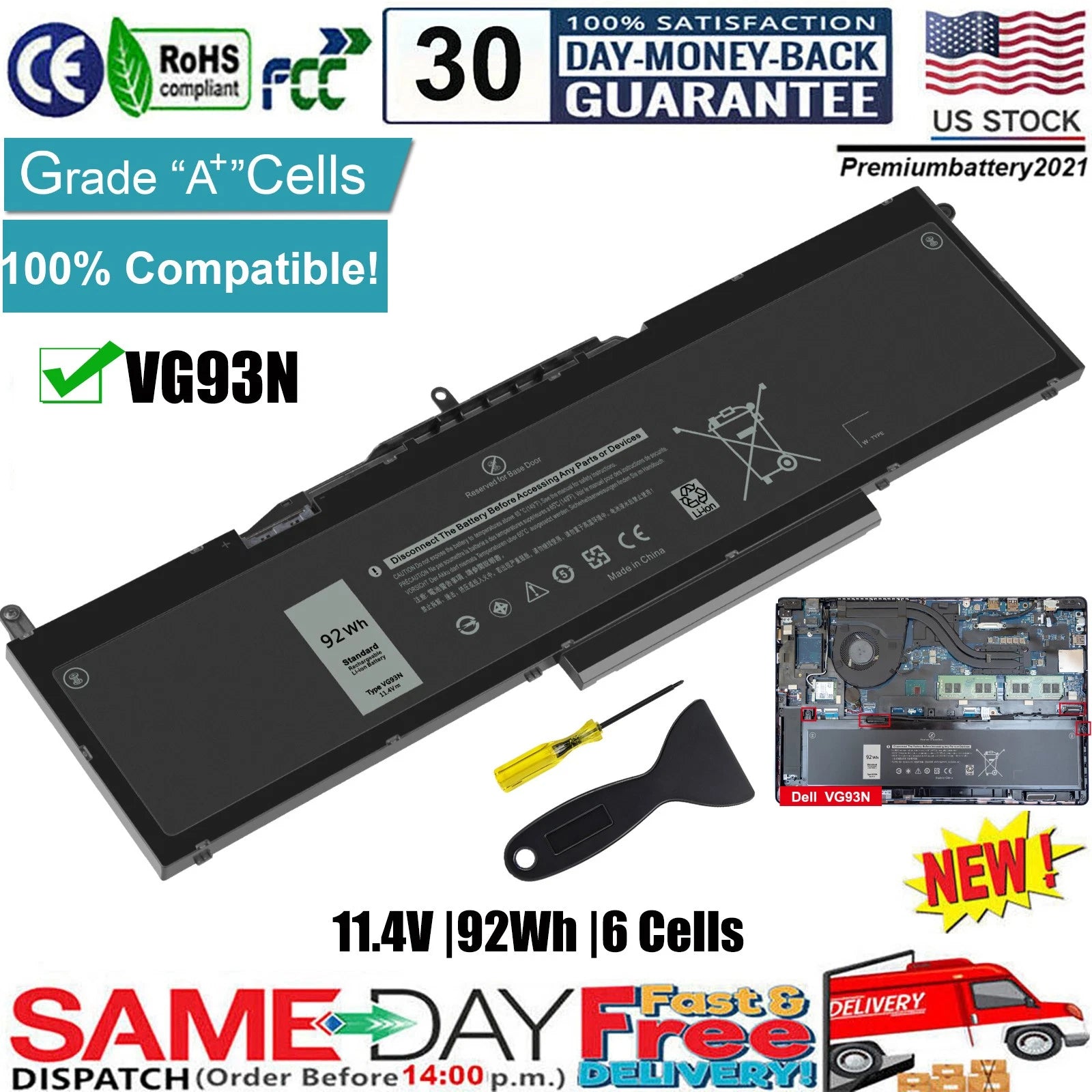 ?92WH New Dell VG93N Battery Precision 15 3520 3530 Latitude 15 5580 5590 5591