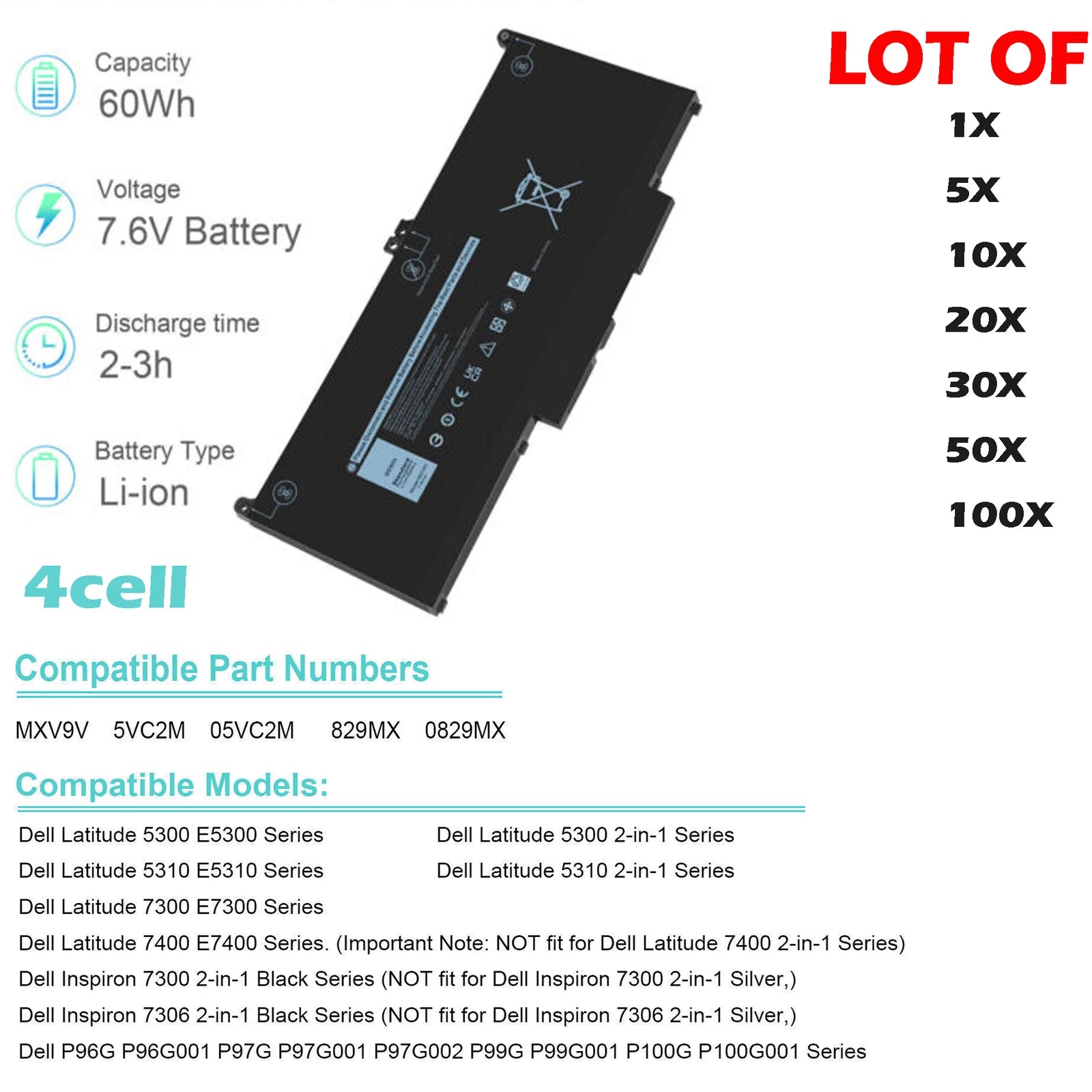 ??LOT 100x MXV9V Battery For Dell Latitude 5300 5310 7300 7400 5VC2M N2K62 60Wh