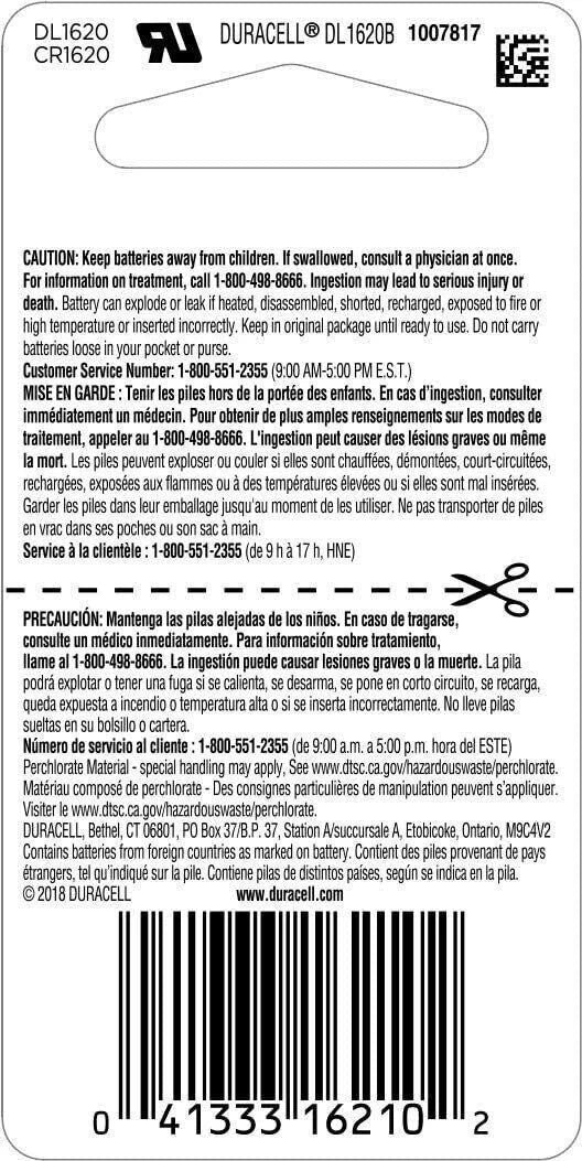 Duracell - 1620 3V Lithium Coin Battery - Long Lasting Battery - 1 Count