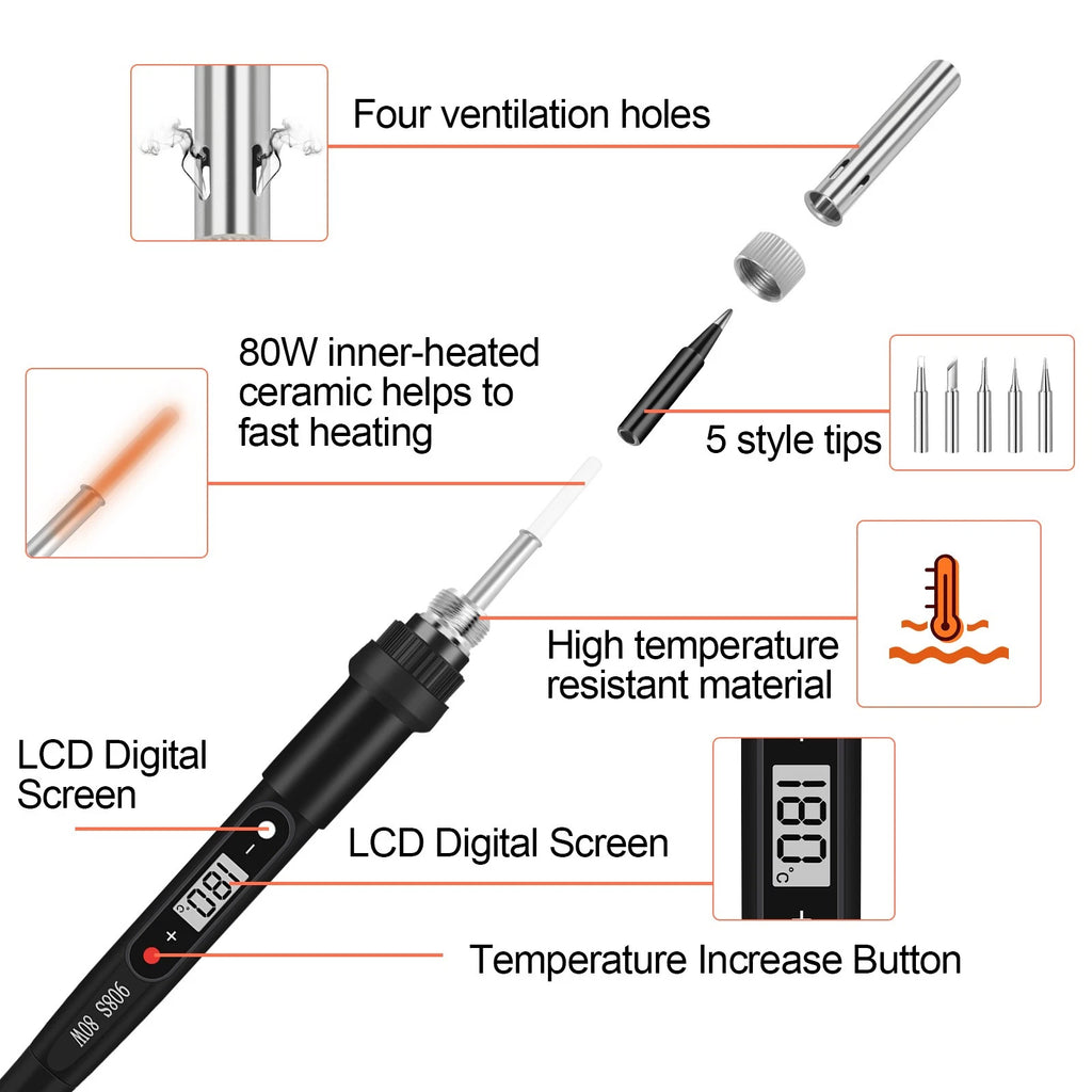 80W Soldering Iron Kit Electric Welding Tool Solder Tips Adjustable Temperature