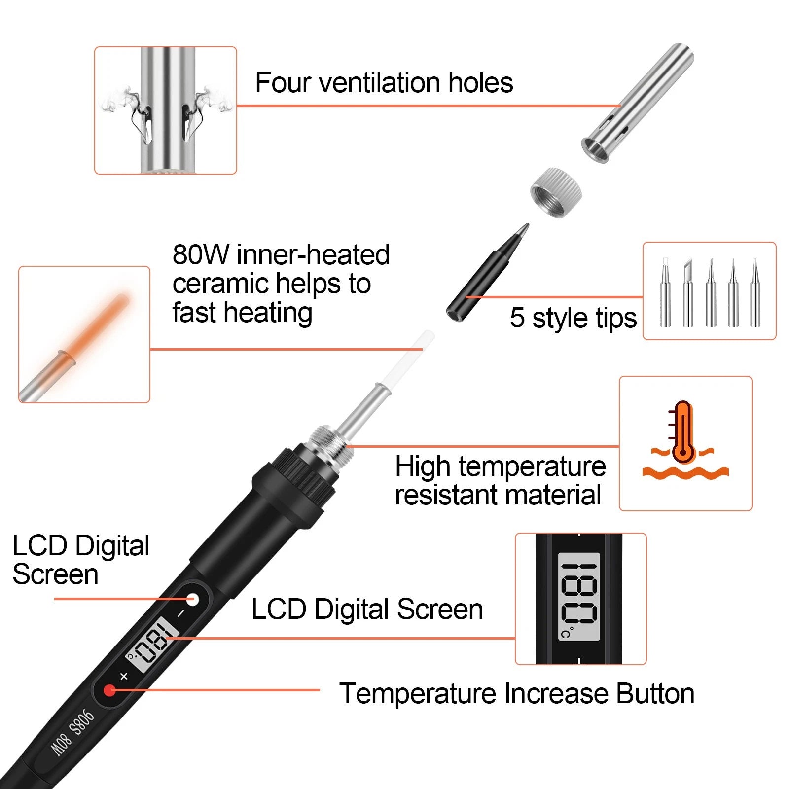 80W Soldering Iron Kit Electric Welding Tool Solder Tips Adjustable Temperature