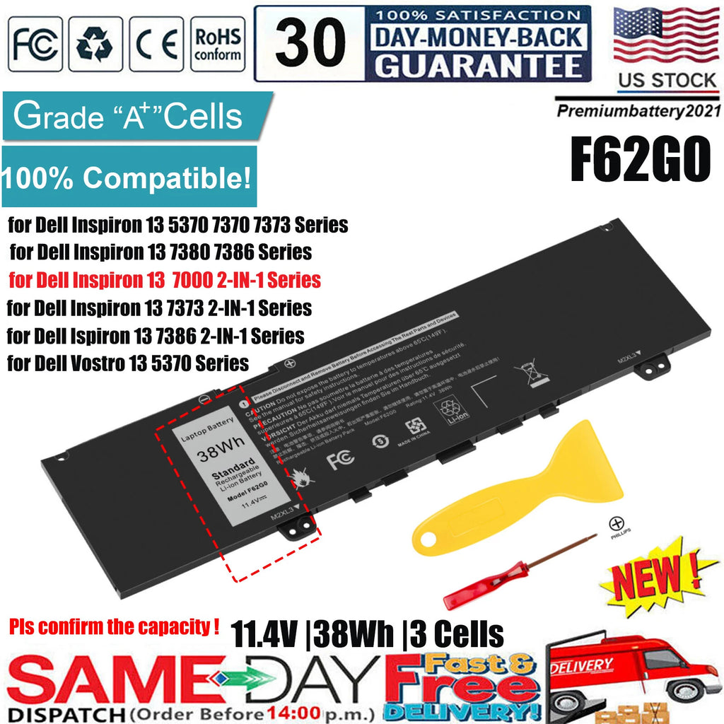 Battery for Dell Inspiron 13 7000 2-in-1 7373 7386 7370 7380 5370 F62G0 RPJC3 US