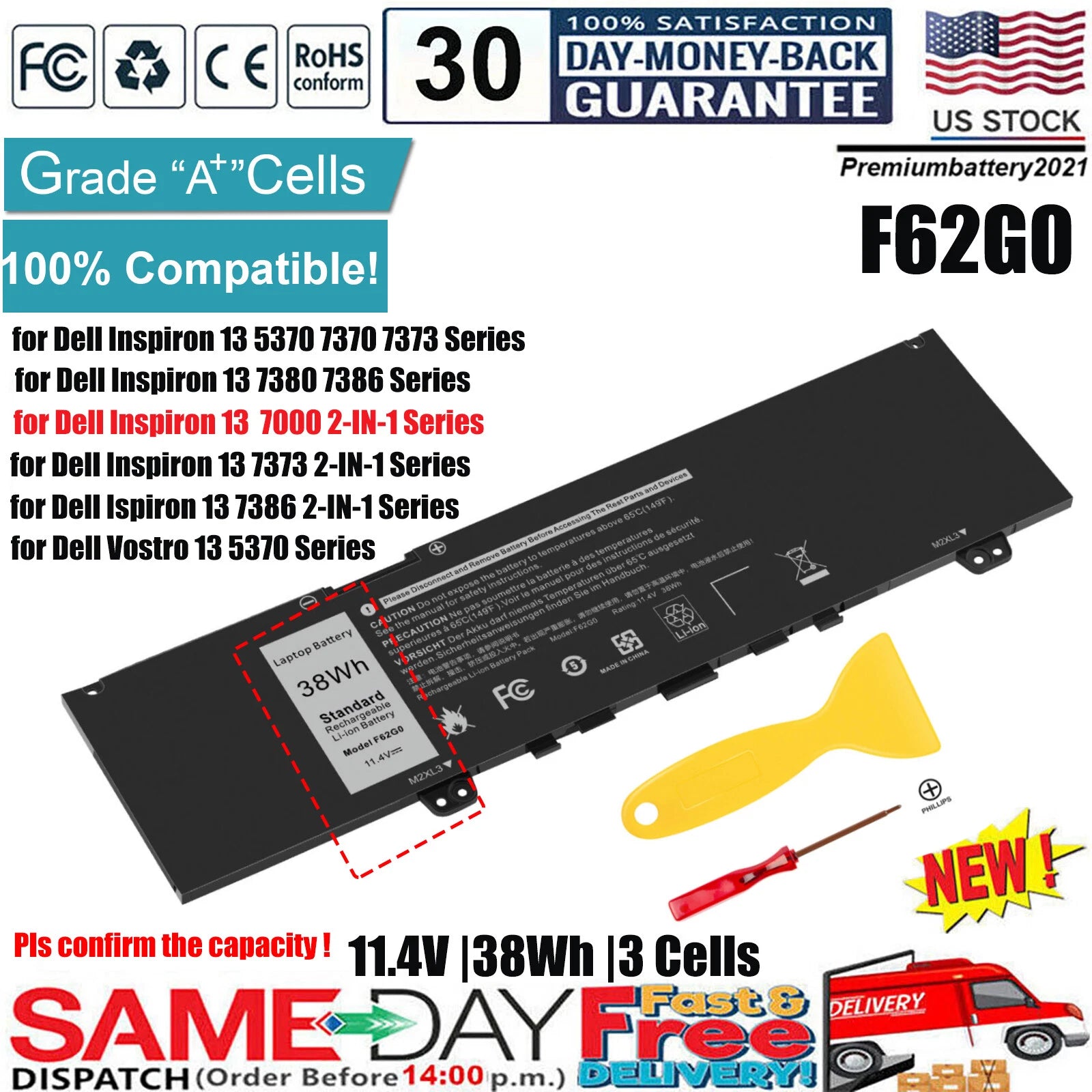 Battery for Dell Inspiron 13 7000 2-in-1 7373 7386 7370 7380 5370 F62G0 RPJC3 US