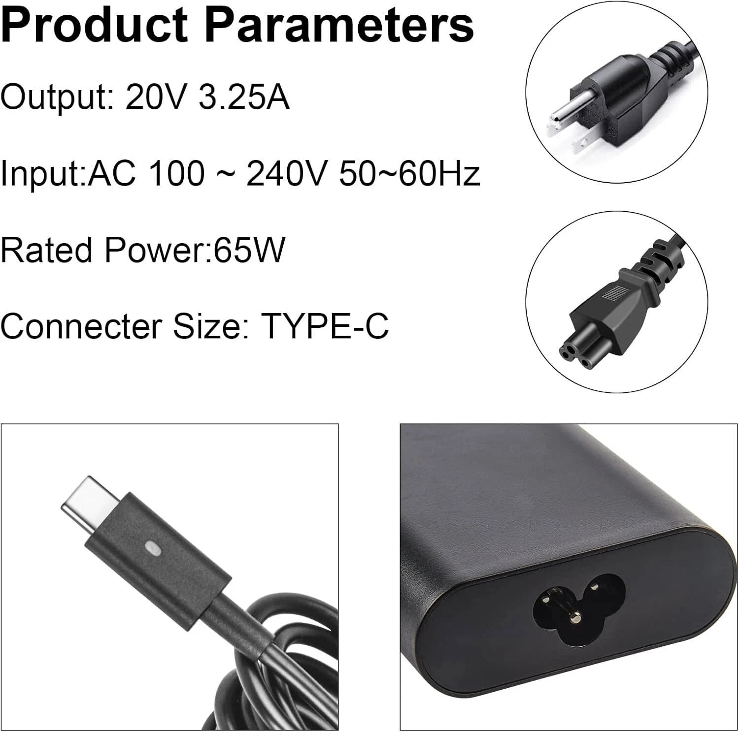 65W USB-C Laptop Charger For Dell Latitude 5520 5430 5420 5530 7430 7420 2in1