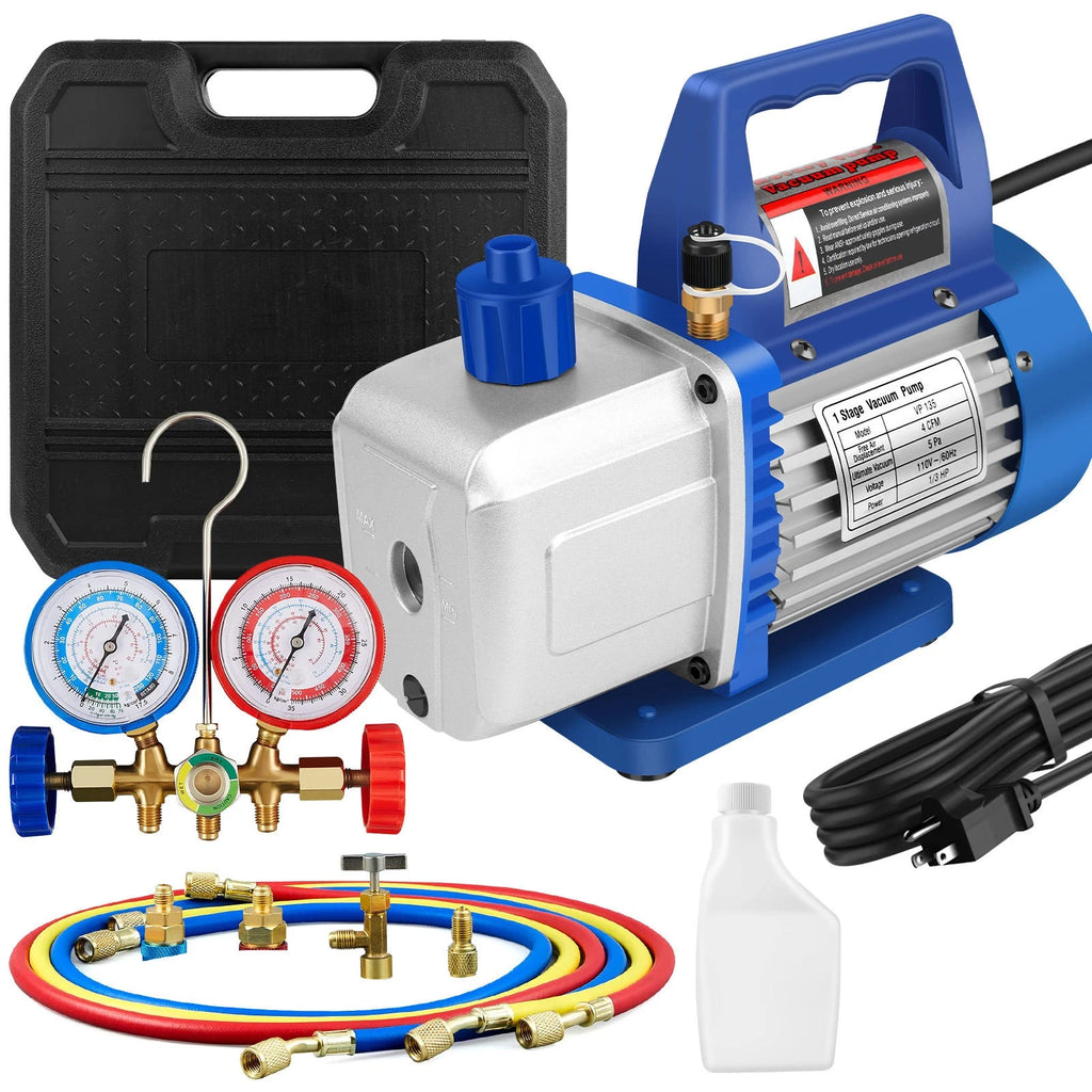 4CFM 1/3HP 1 Stage Vacuum Pump HVAC and Solid R134A Kit AC A/C Manifold Gauge