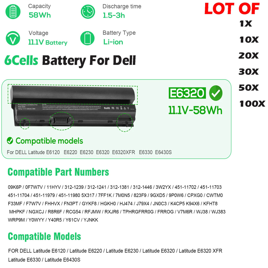 ??LOT E6320 Battery For Dell Latitude E6220 E6230 E6330 E6430S RFJMW FRR0G 58WH
