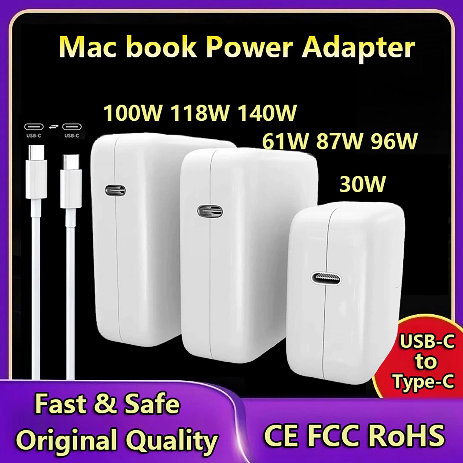 140W 61W 87W 96W USB-C Laptop Power Adapter Type-C PD Charger For Macbook