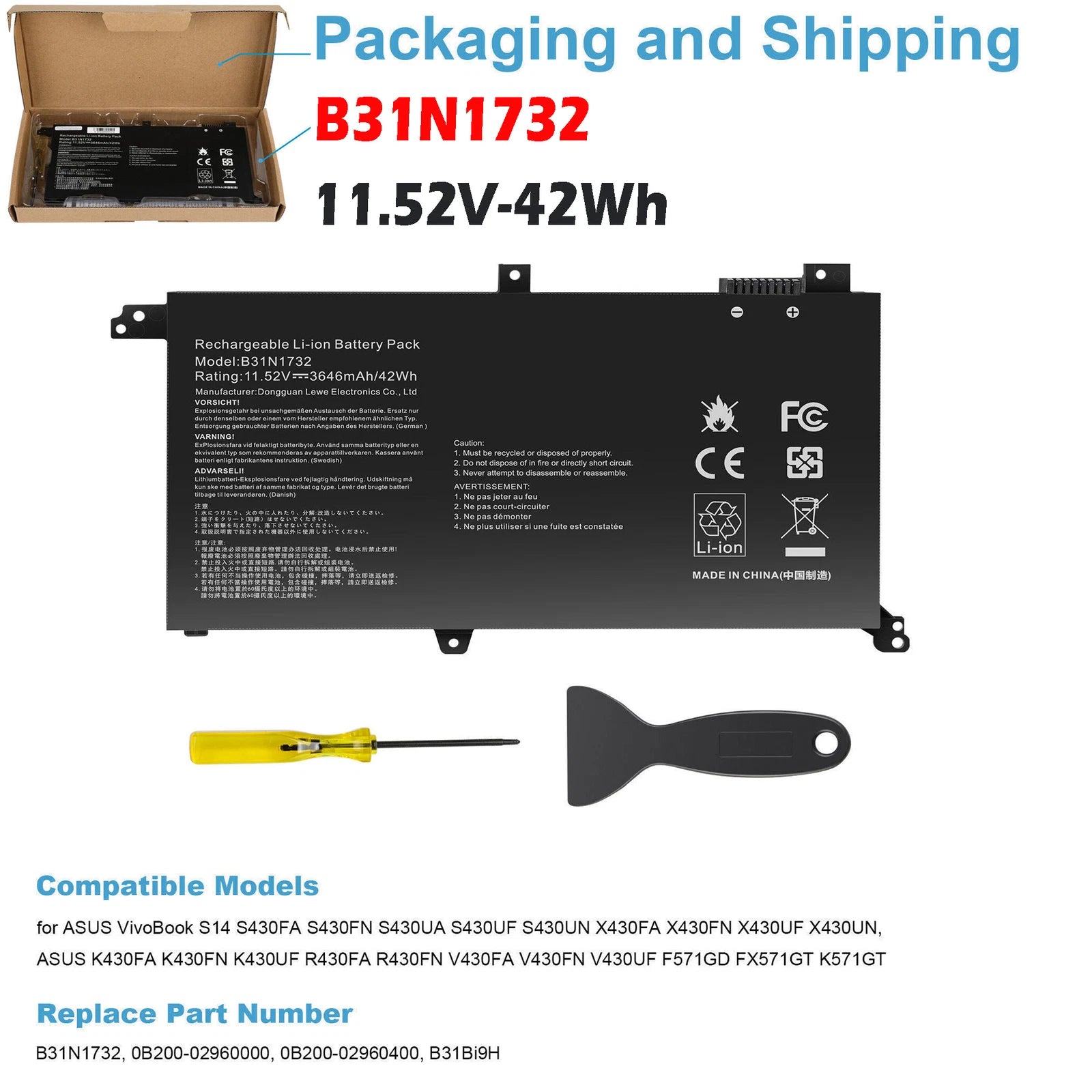 ?B31N1732 Battery For Asus VivoBook S14 S430FA S430FN VX60G X430UF 42Wh 11.52V
