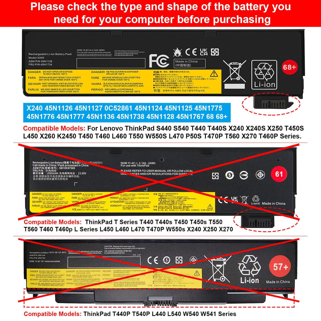 68+ For Lenovo ThinkPad Battery T450 X240 X240s X250 X250S X260 X270 W550s 48Wh