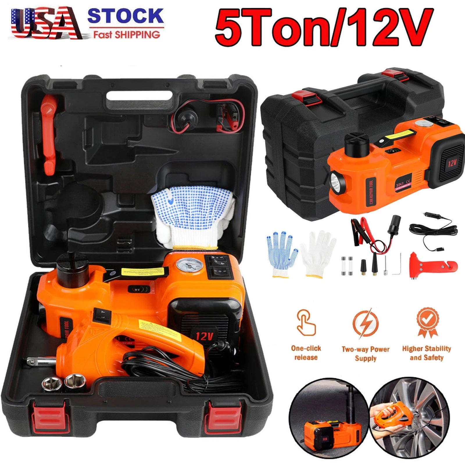 Electric Hydraulic Floor Jack 5 Ton 12V Impact Wrench Tire Inflator Pump Car Kit