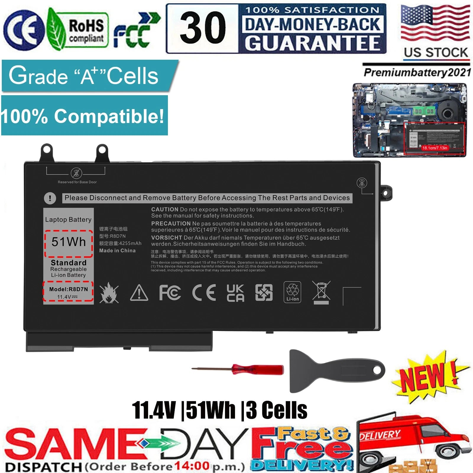 R8D7N Battery for Dell Latitude 5400 5401 5410 5411 Type 11.4V 51Wh W8GMW 1V1XF