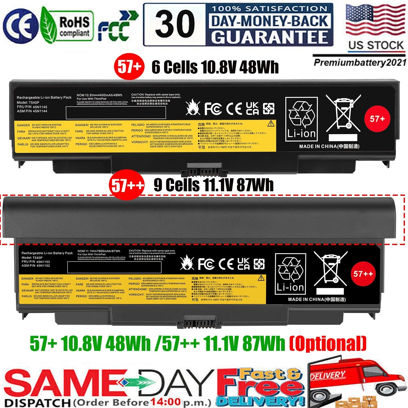 6/9Cells Battery for Lenovo ThinkPad T440P T540P L440 L540 W540 W541 0C52864 NEW
