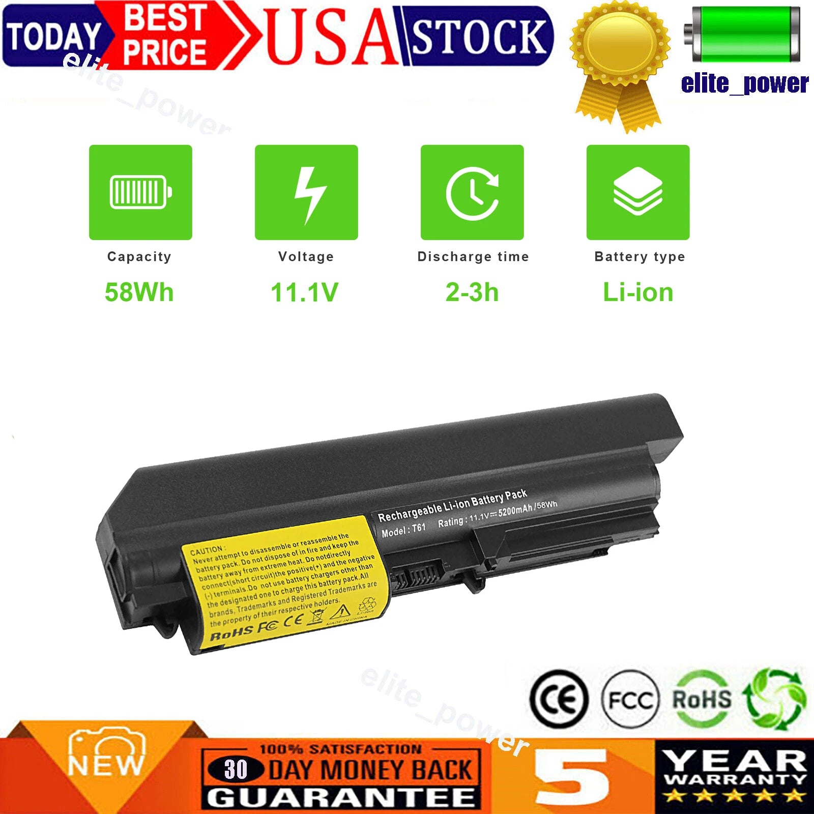 New Battery for Lenovo IBM ThinkPad T61 R61 R61i T61p T400 R400 42T5225 5200mAh