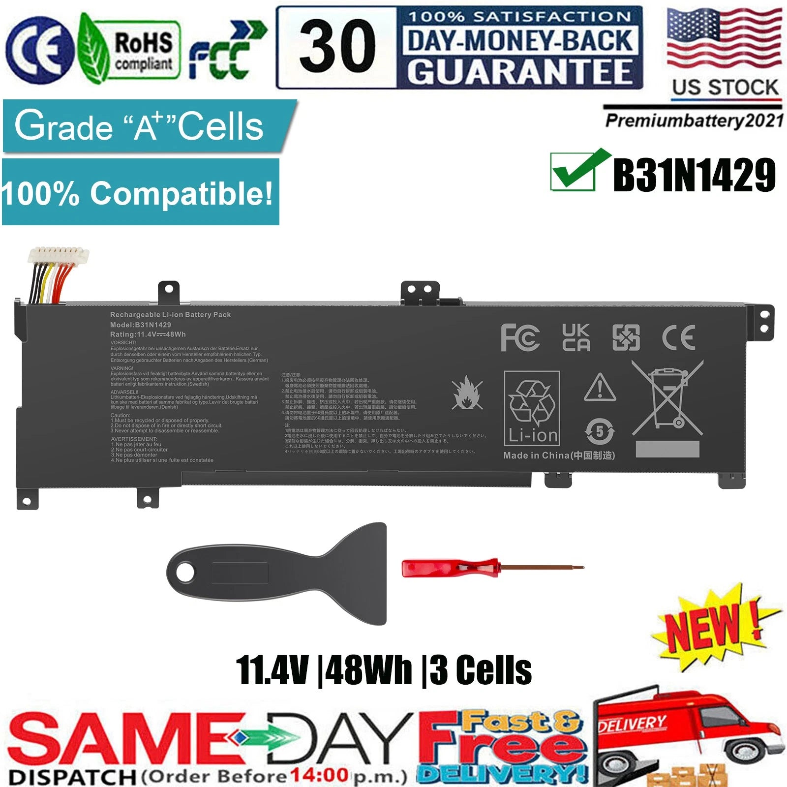 Laptop Battery for ASUS K501U A501L K501LB K501LX R516LB V505LX FX51LB B31N1429