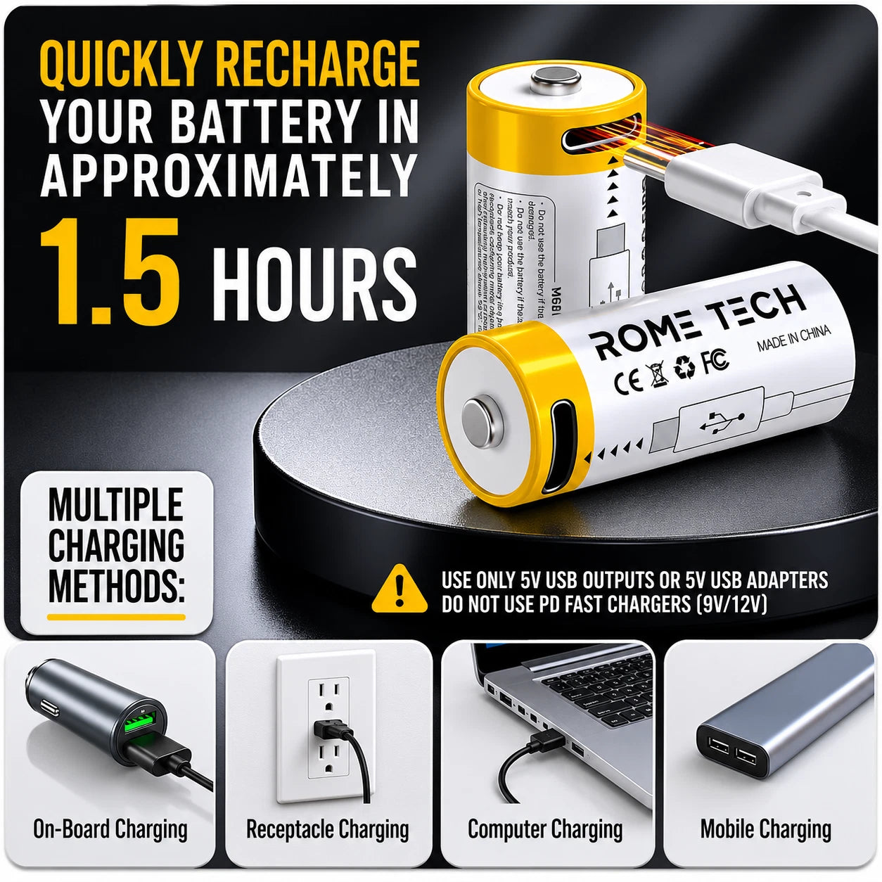 CR123A Rechargeable Batteries 3.7V 700 mAh with USB-C Charging Cable - 4 Pack